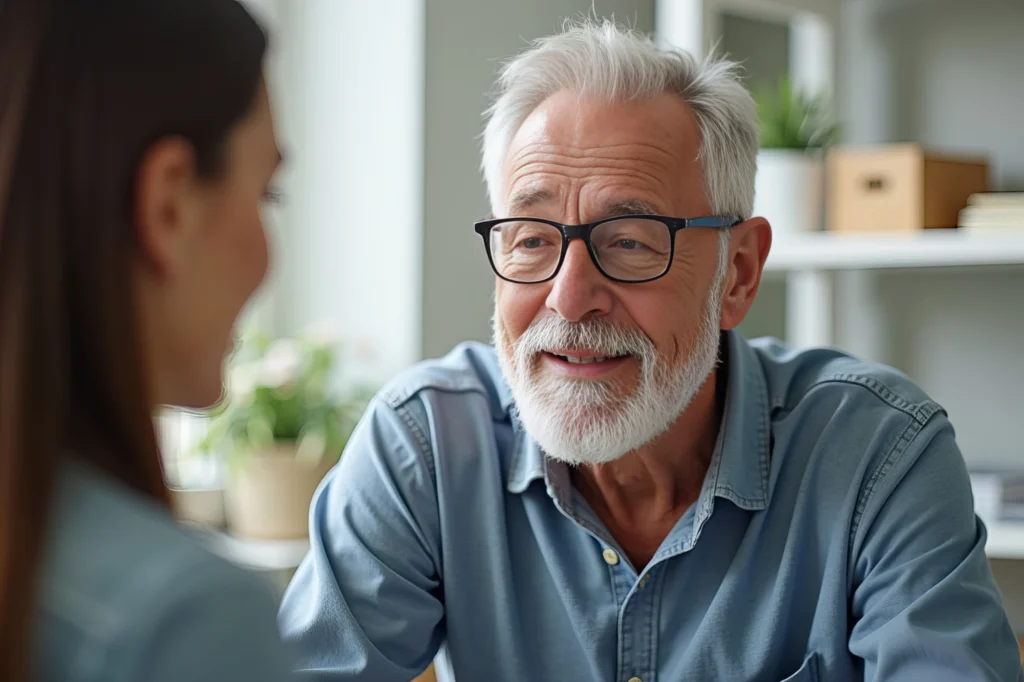 Clinician meeting with an adult during a schizoaffective disorder evaluation