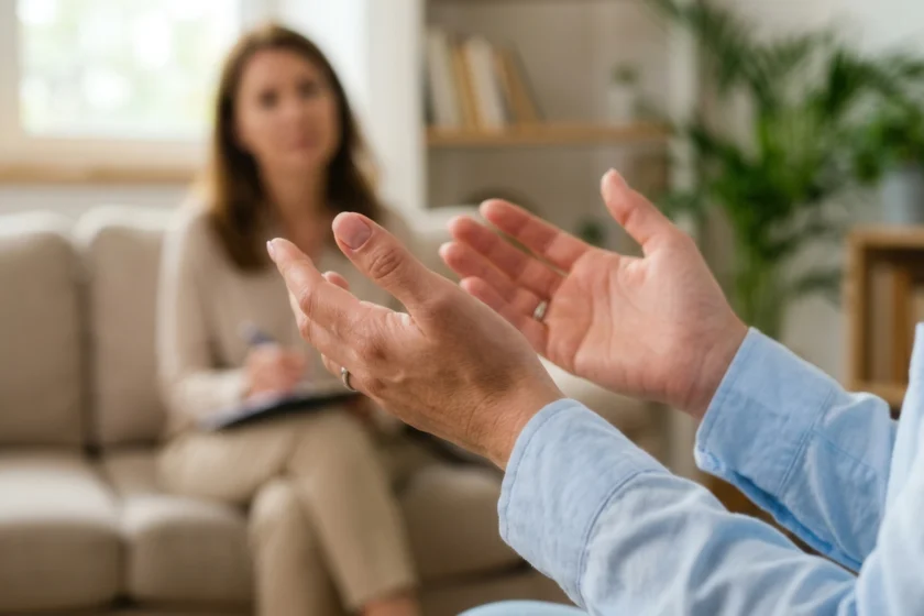 Man sitting in an armchair talking with a therapist